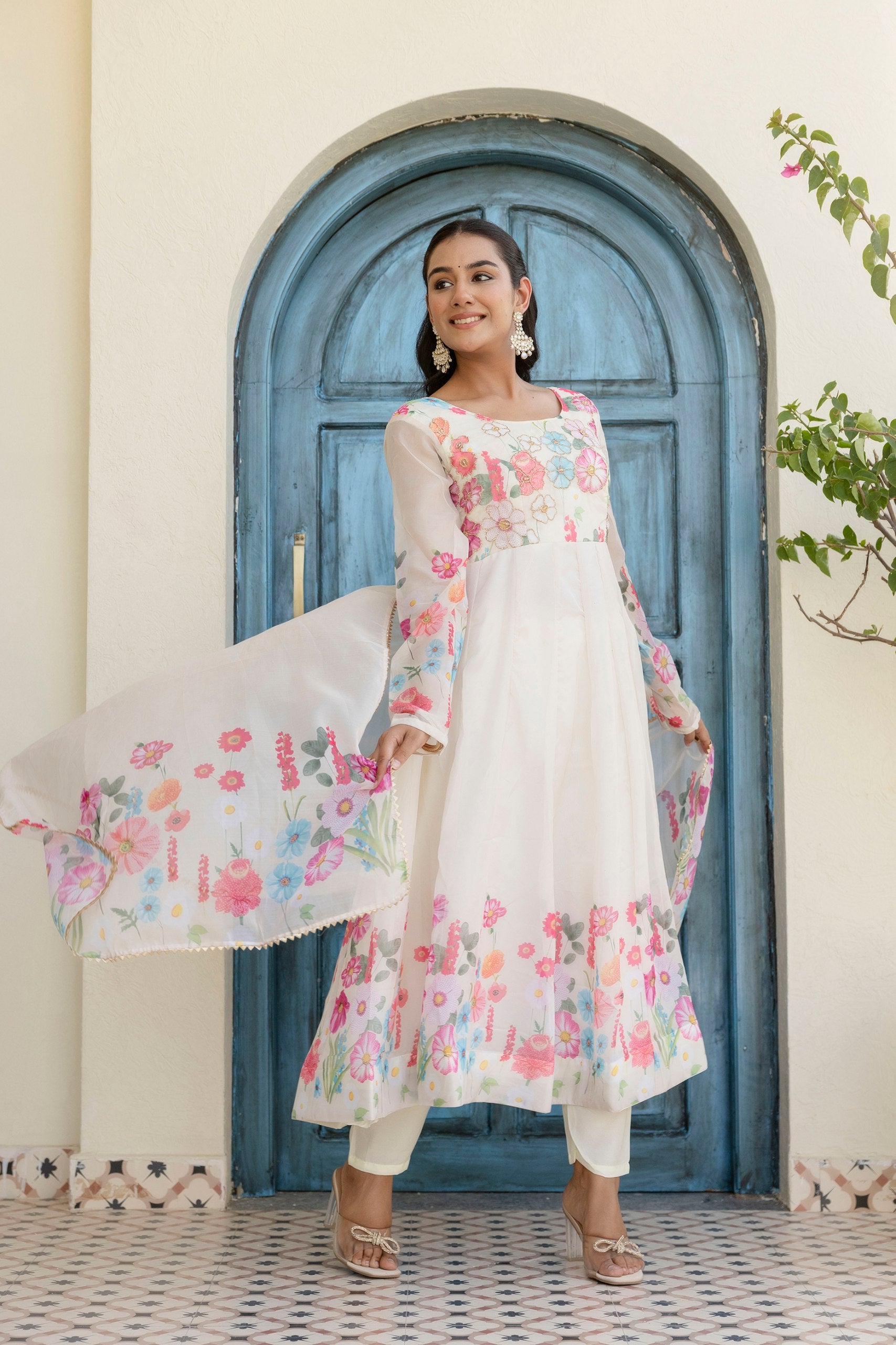 Floral Organza Silk Anarkali Set with Badla Zari | RoopRivaaj