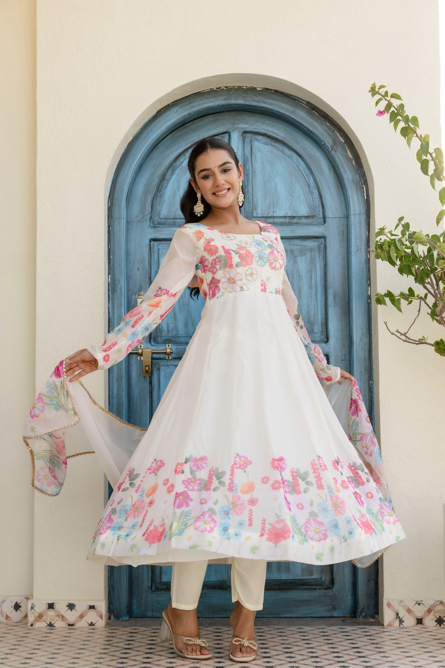 Floral Organza Silk Anarkali Set with Badla Zari | RoopRivaaj