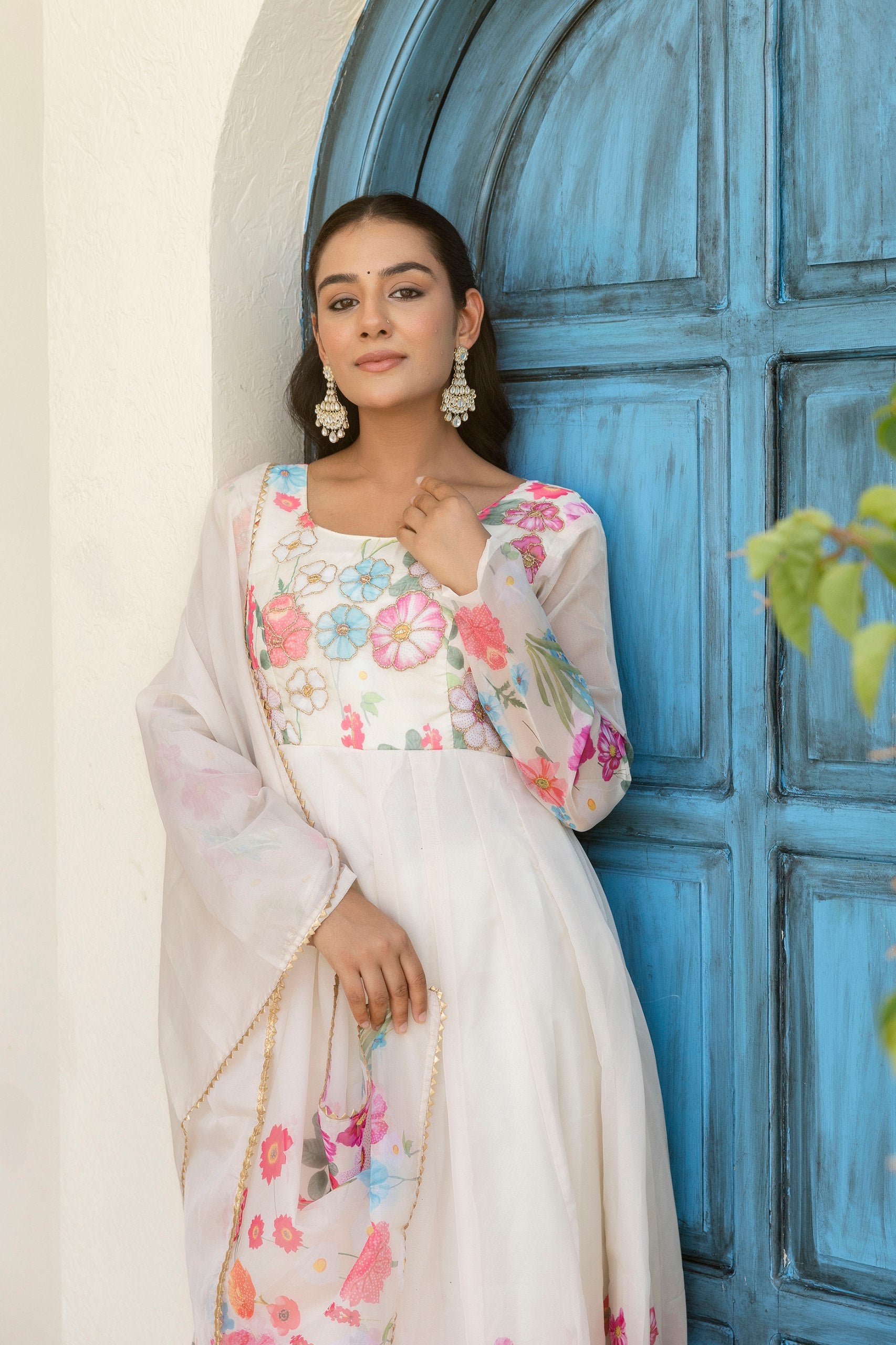 Floral Organza Silk Anarkali Set with Badla Zari | RoopRivaaj