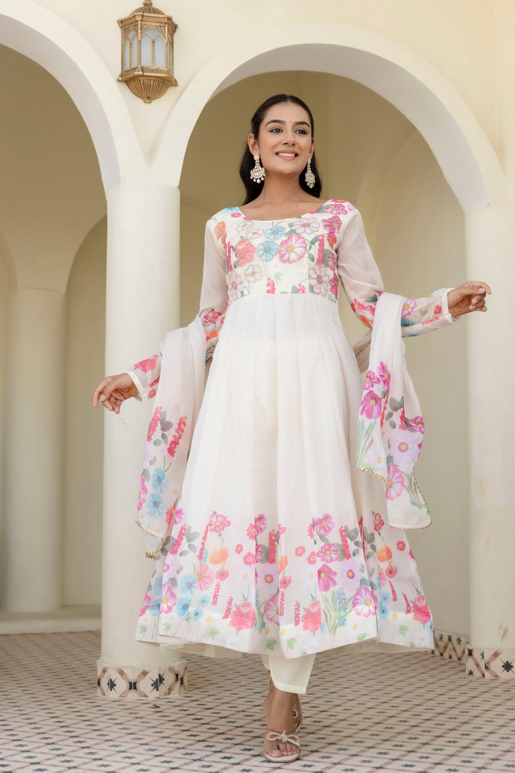Floral Organza Silk Anarkali Set with Badla Zari | RoopRivaaj