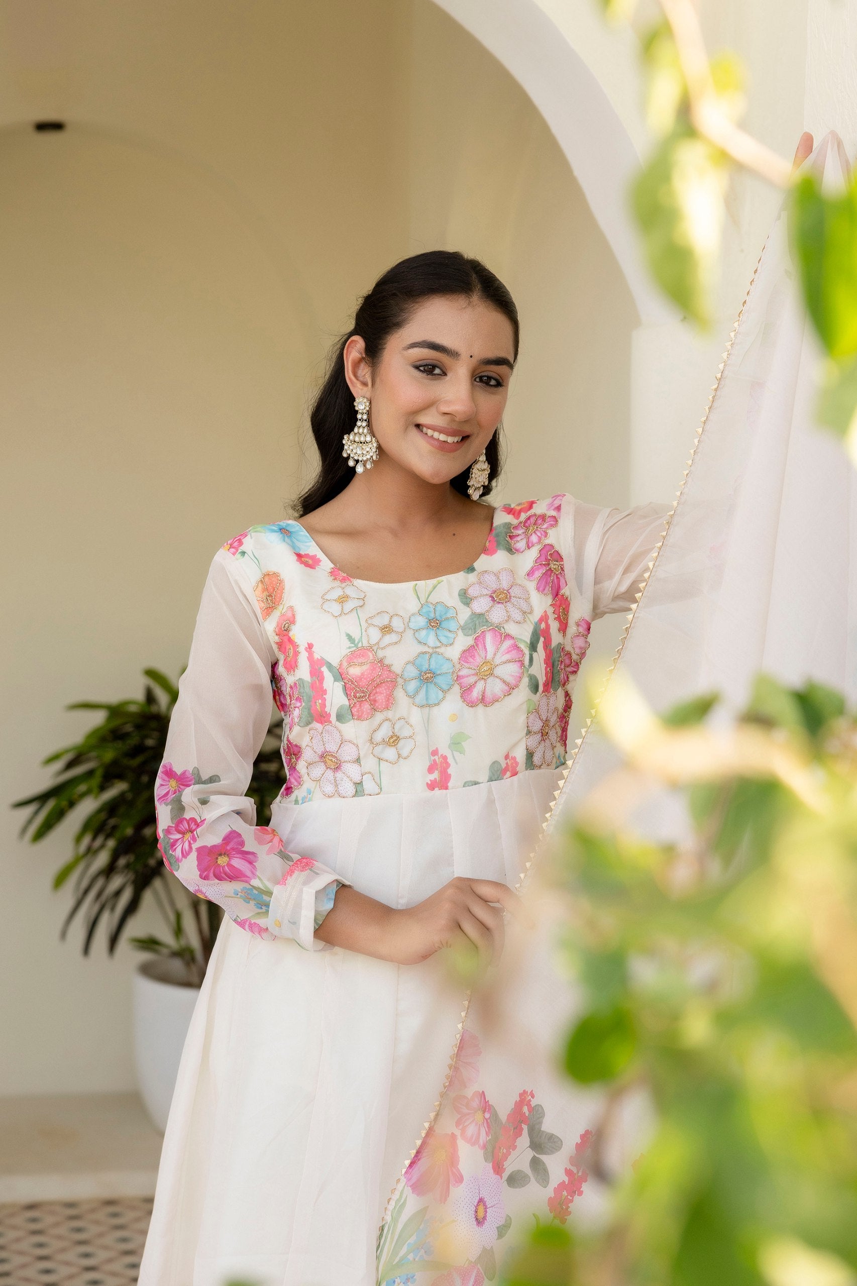 Floral Organza Silk Anarkali Set with Badla Zari | RoopRivaaj