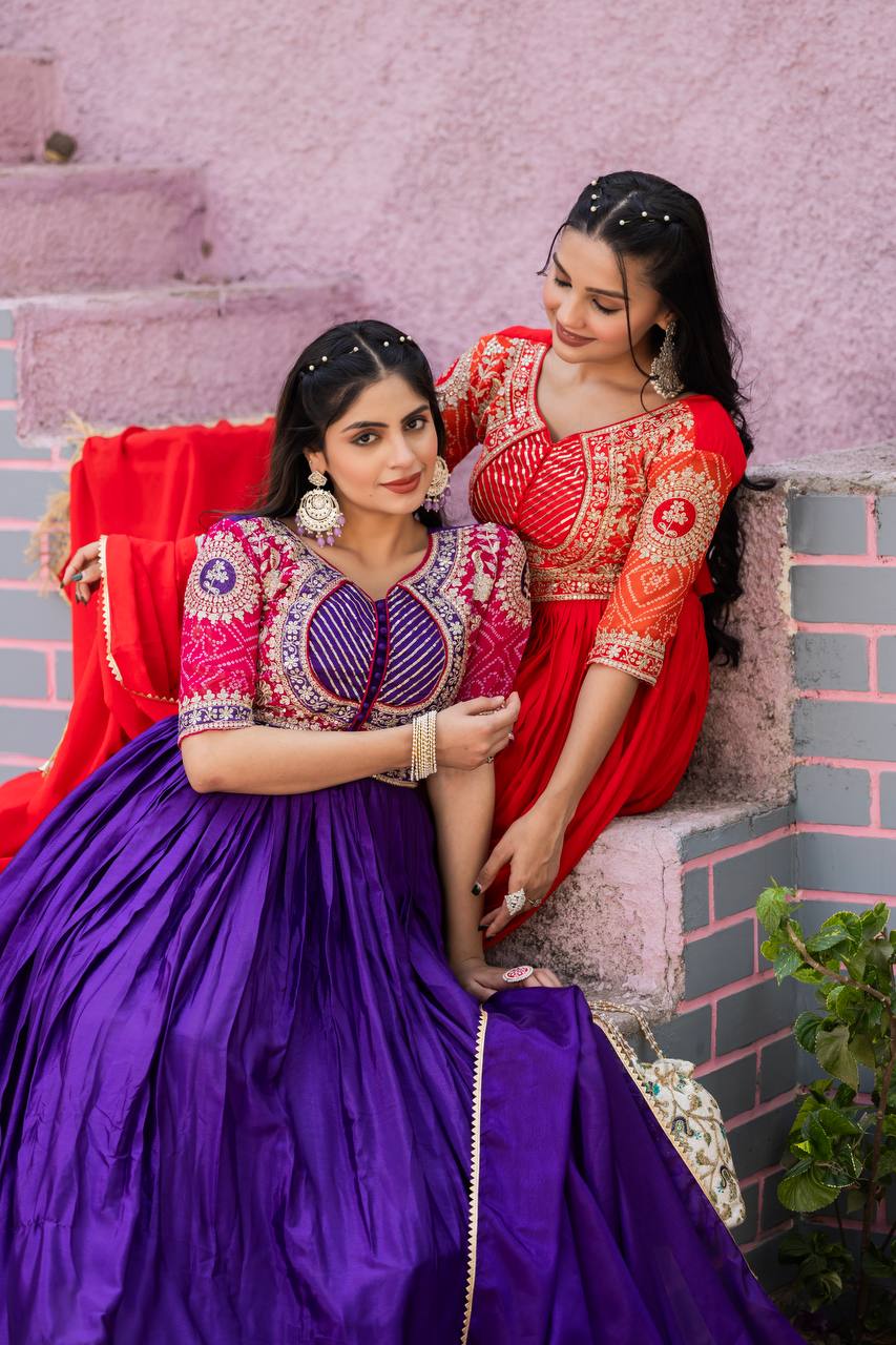 Festive Bandhej Chinon Anarkali Gown with Dupatta | RoopRivaaj