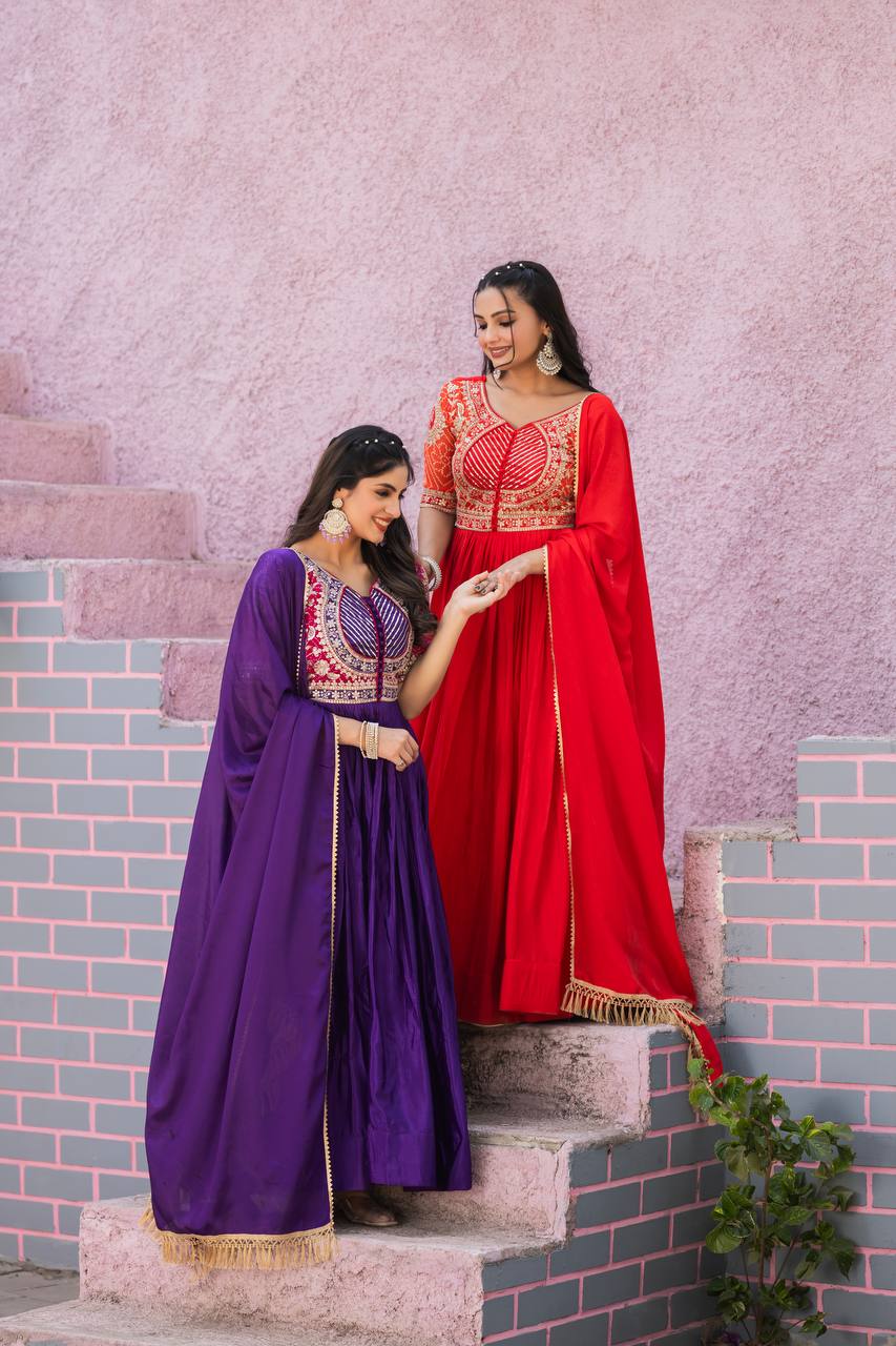 Festive Bandhej Chinon Anarkali Gown with Dupatta | RoopRivaaj