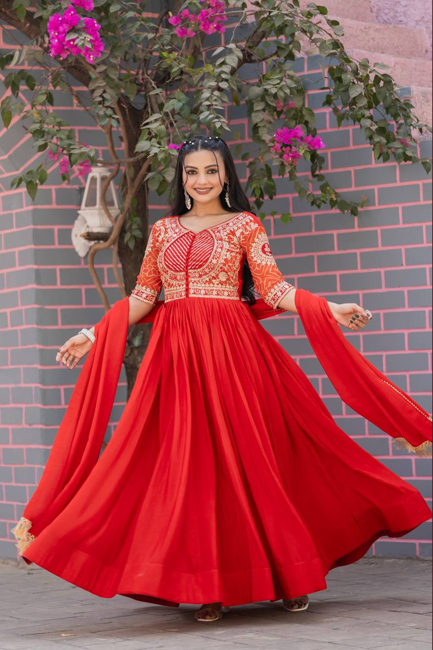 Festive Bandhej Chinon Anarkali Gown with Dupatta | RoopRivaaj