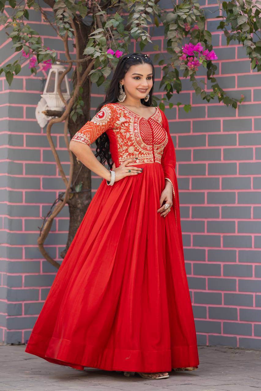 Festive Bandhej Chinon Anarkali Gown with Dupatta | RoopRivaaj