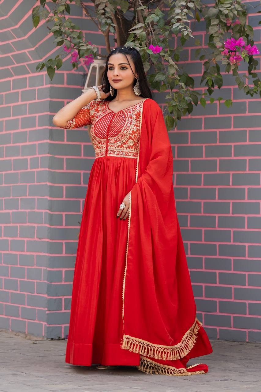 Festive Bandhej Chinon Anarkali Gown with Dupatta | RoopRivaaj