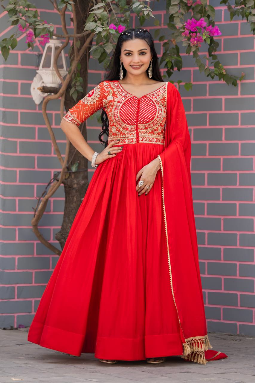Festive Bandhej Chinon Anarkali Gown with Dupatta | RoopRivaaj