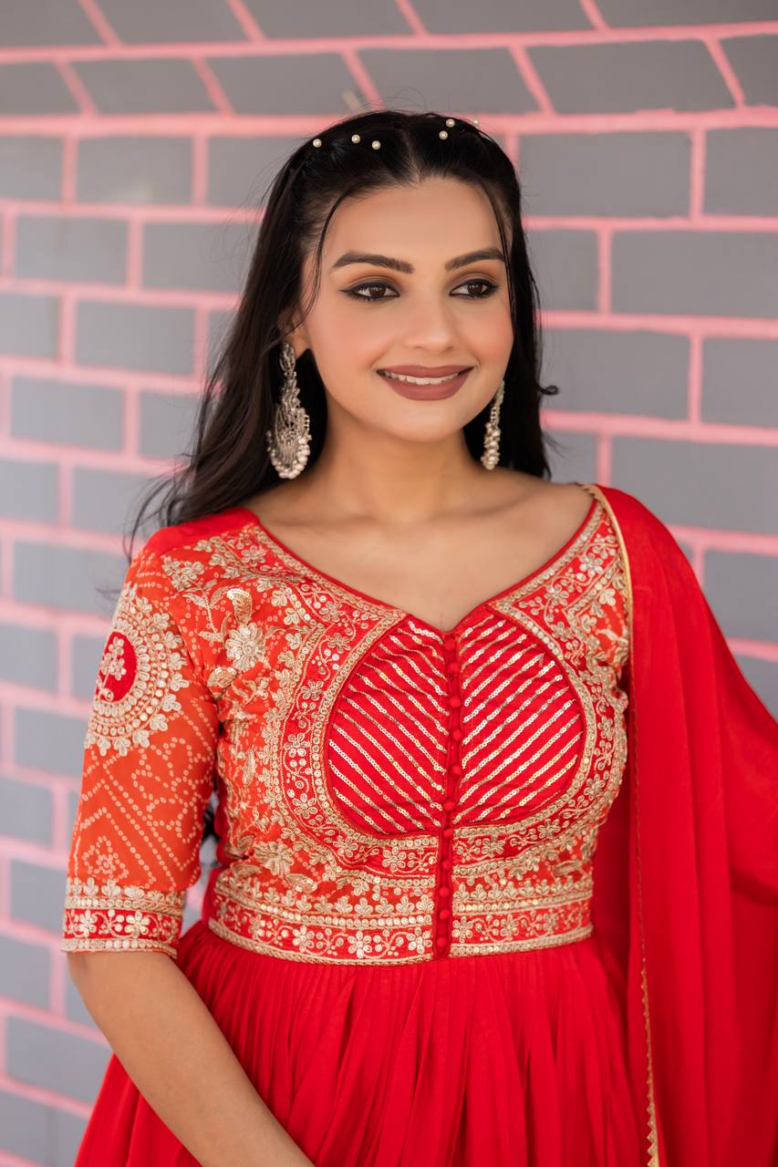 Festive Bandhej Chinon Anarkali Gown with Dupatta | RoopRivaaj