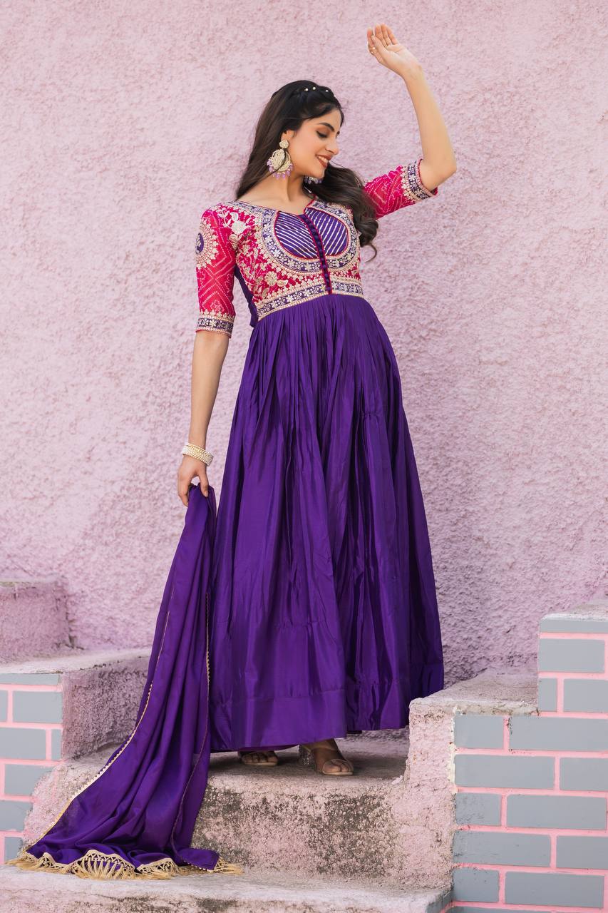 Festive Bandhej Chinon Anarkali Gown with Dupatta | RoopRivaaj