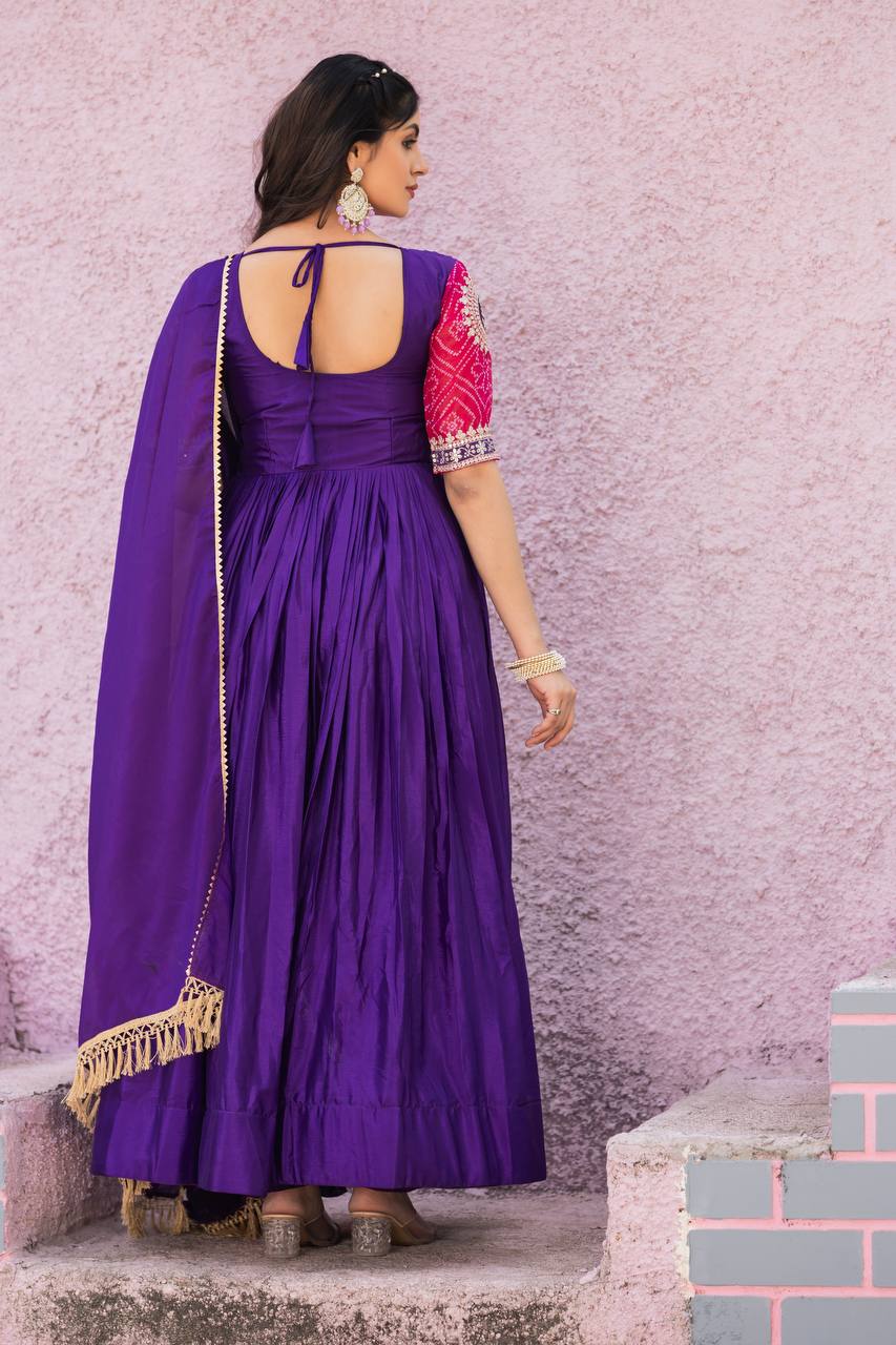 Festive Bandhej Chinon Anarkali Gown with Dupatta | RoopRivaaj
