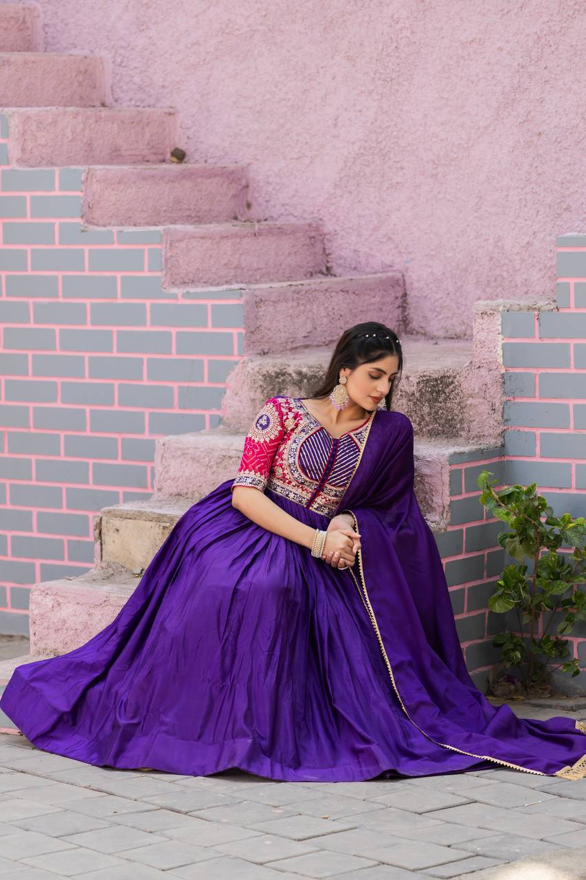 Festive Bandhej Chinon Anarkali Gown with Dupatta | RoopRivaaj