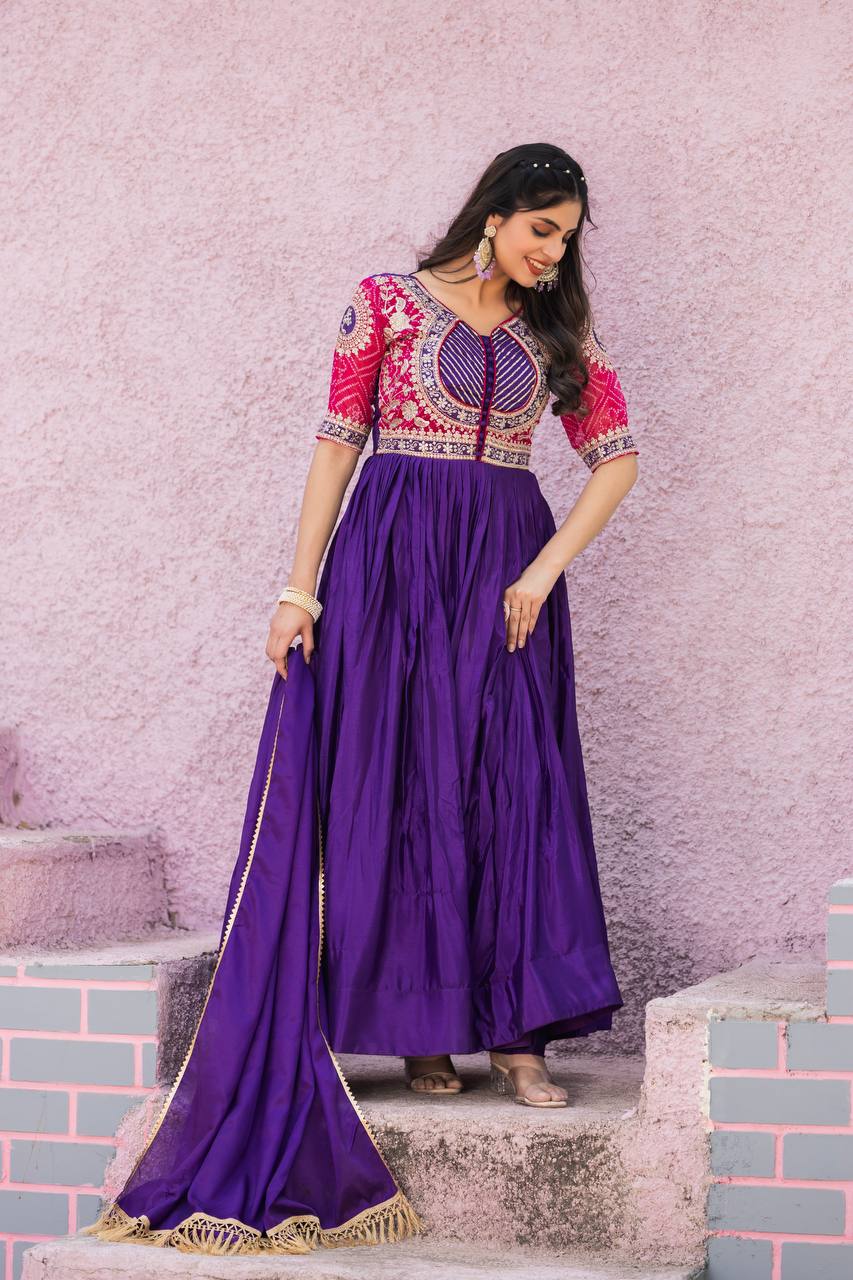 Festive Bandhej Chinon Anarkali Gown with Dupatta | RoopRivaaj