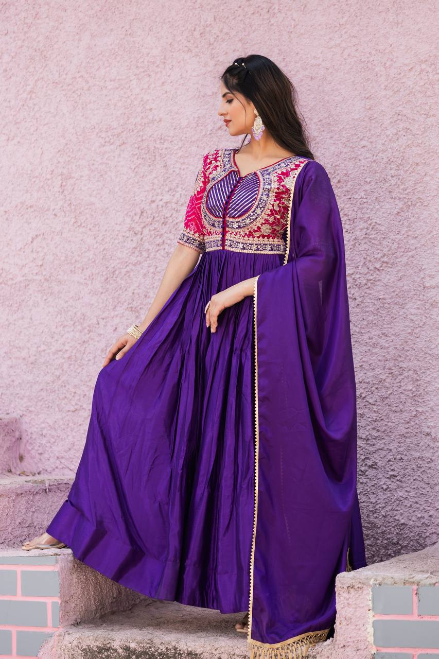 Festive Bandhej Chinon Anarkali Gown with Dupatta | RoopRivaaj