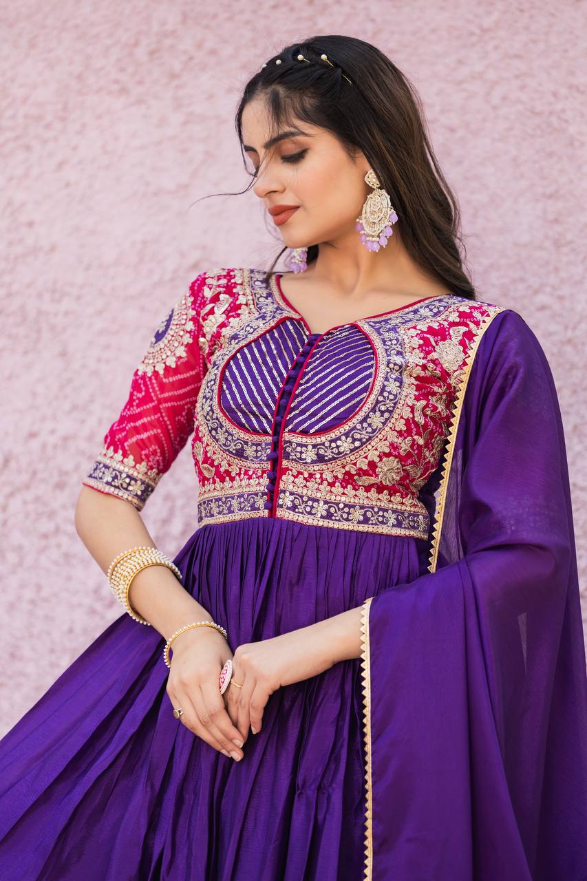 Festive Bandhej Chinon Anarkali Gown with Dupatta | RoopRivaaj