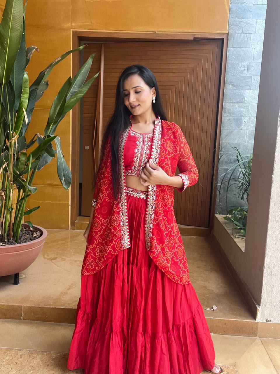 Festival Bandhej Lehenga Choli with Shrug | RoopRivaaj