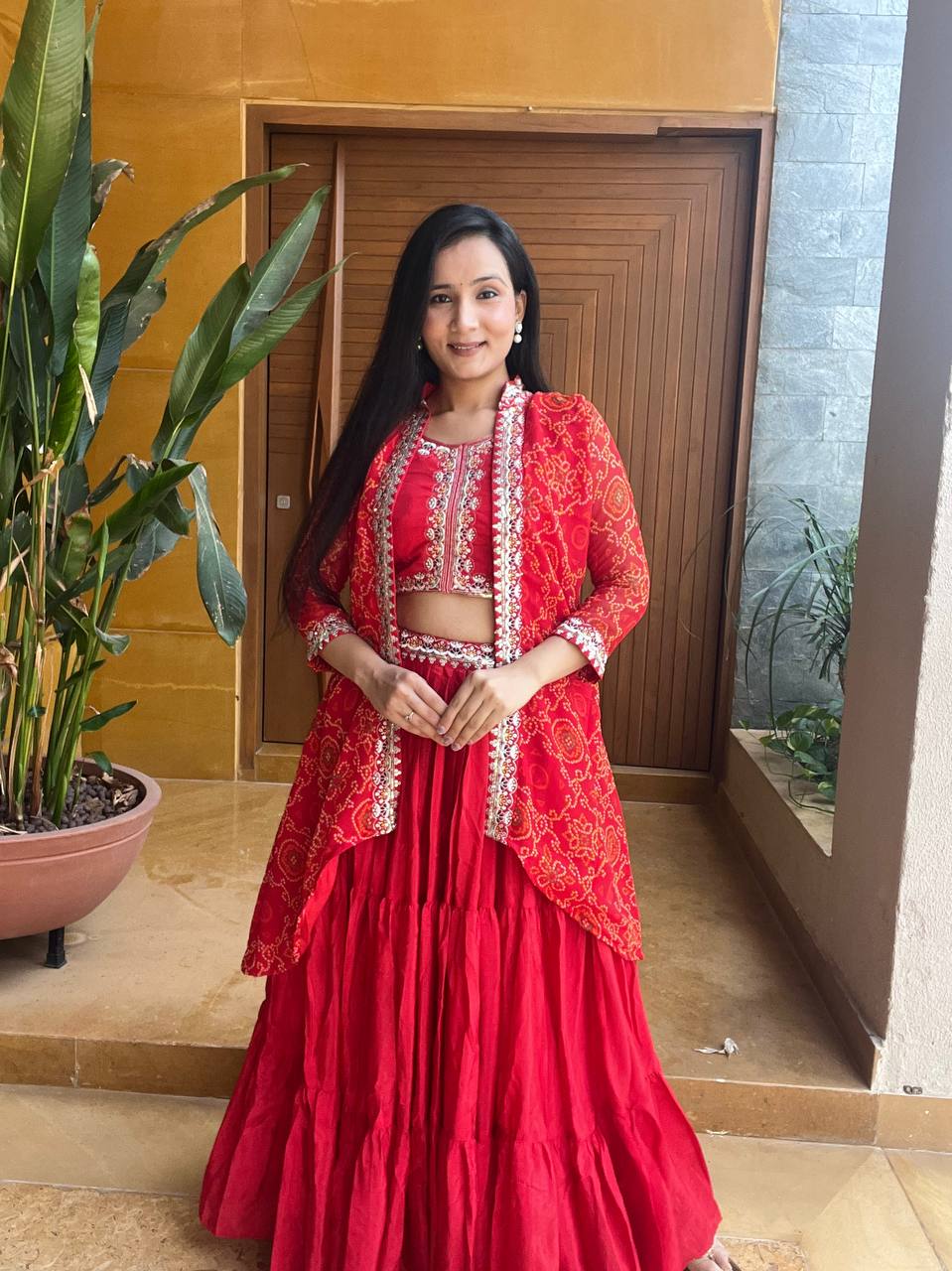 Festival Bandhej Lehenga Choli with Shrug | RoopRivaaj