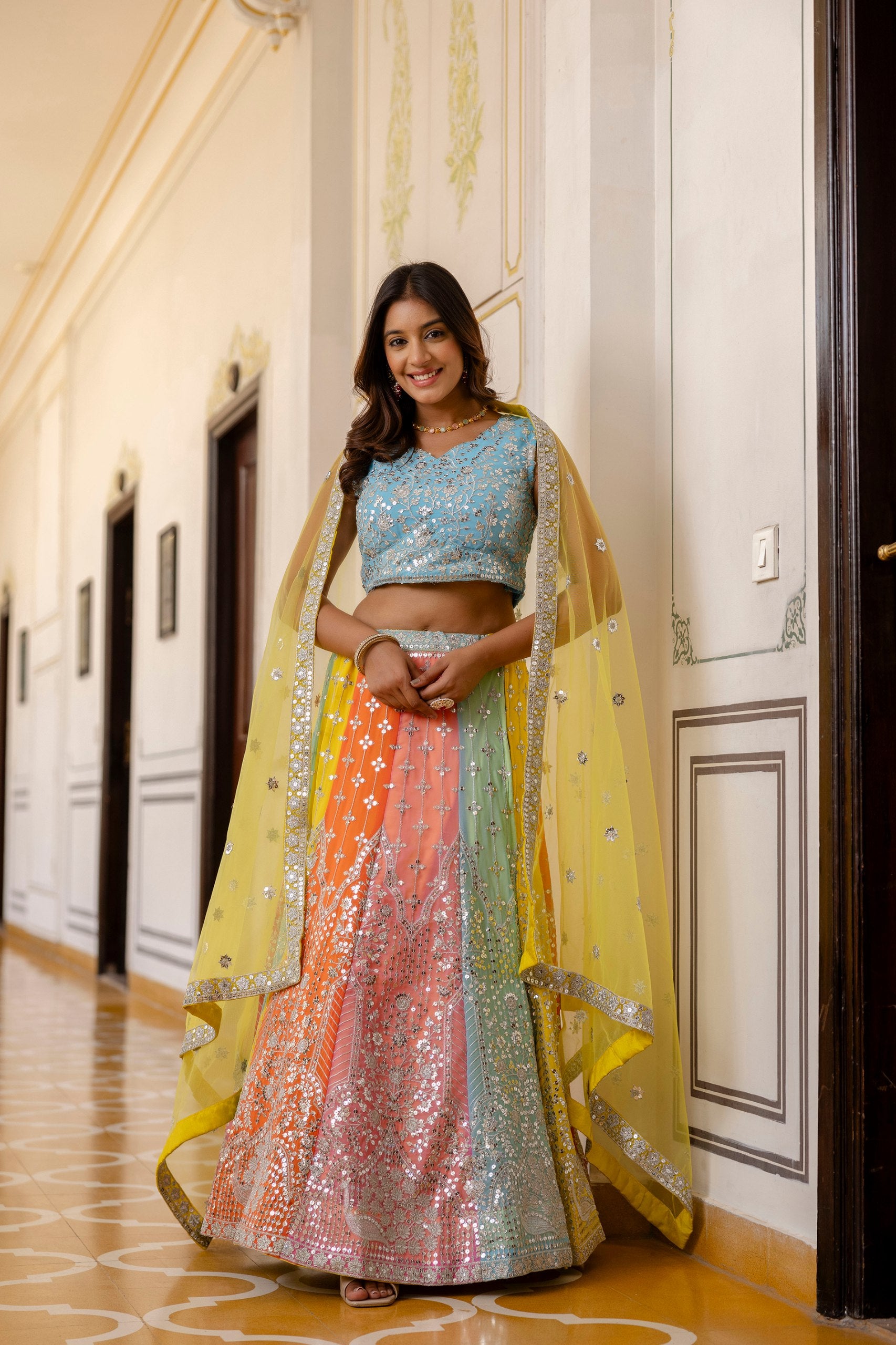Radiant Faux Georgette Sequin Embroidered Lehenga Set | RoopRivaaj