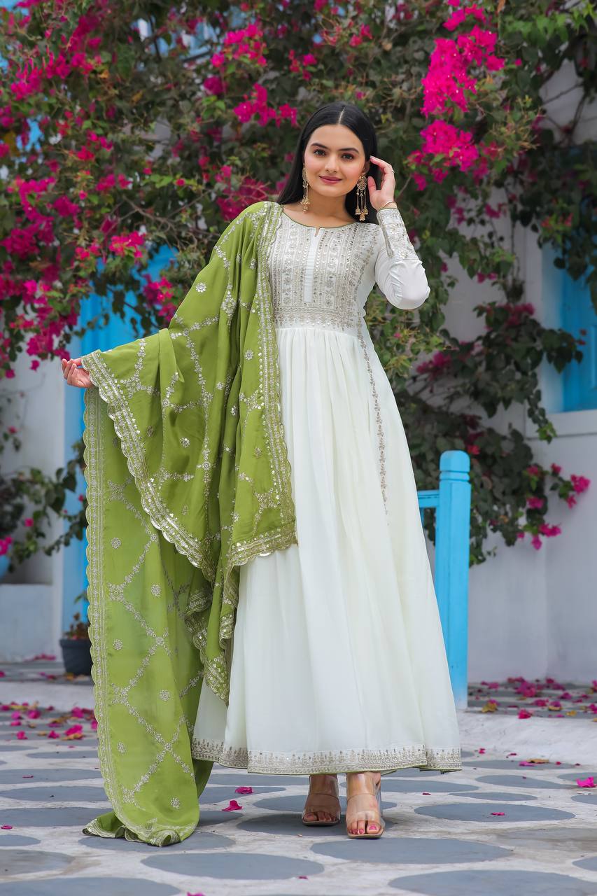 Premium Chinon Silk Anarkali Gown with Bottom & Dupatta | RoopRivaaj