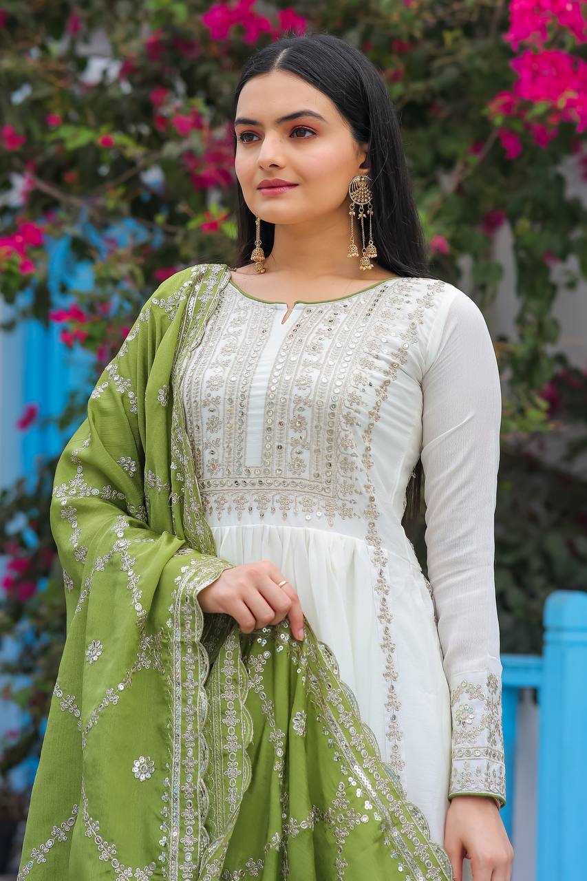 Premium Chinon Silk Anarkali Gown with Bottom & Dupatta | RoopRivaaj
