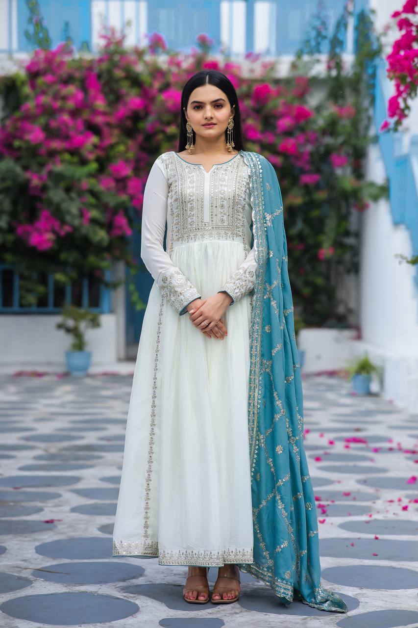 Premium Chinon Silk Anarkali Gown with Bottom & Dupatta | RoopRivaaj