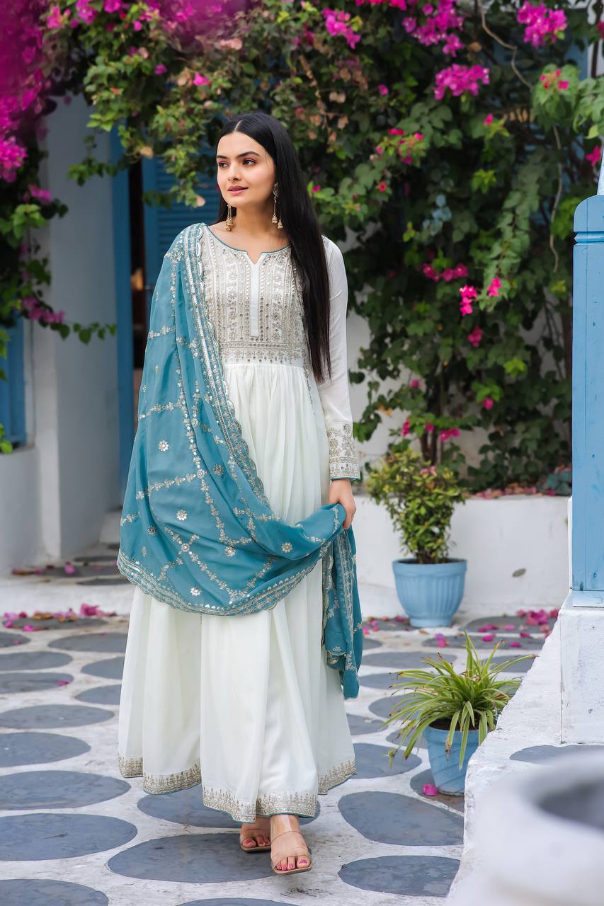 Premium Chinon Silk Anarkali Gown with Bottom & Dupatta | RoopRivaaj