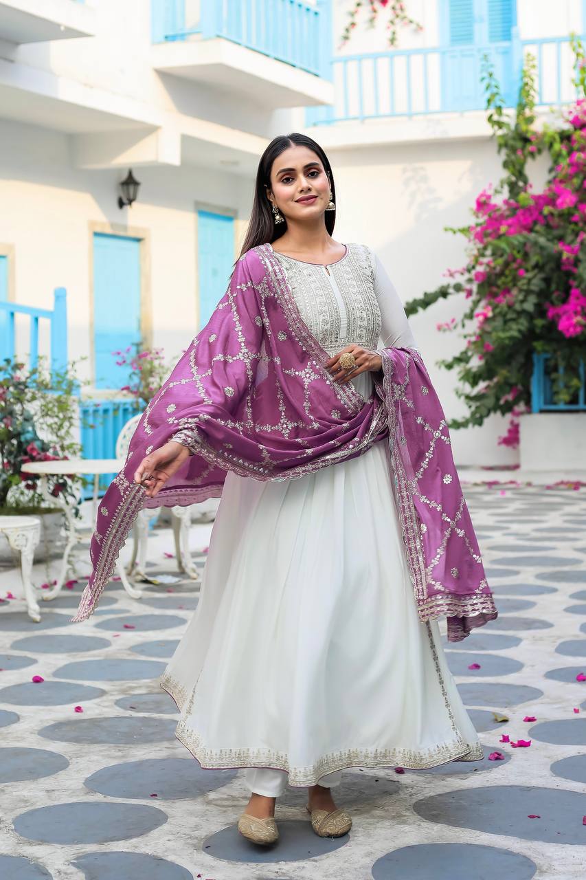 Premium Chinon Silk Anarkali Gown with Bottom & Dupatta | RoopRivaaj