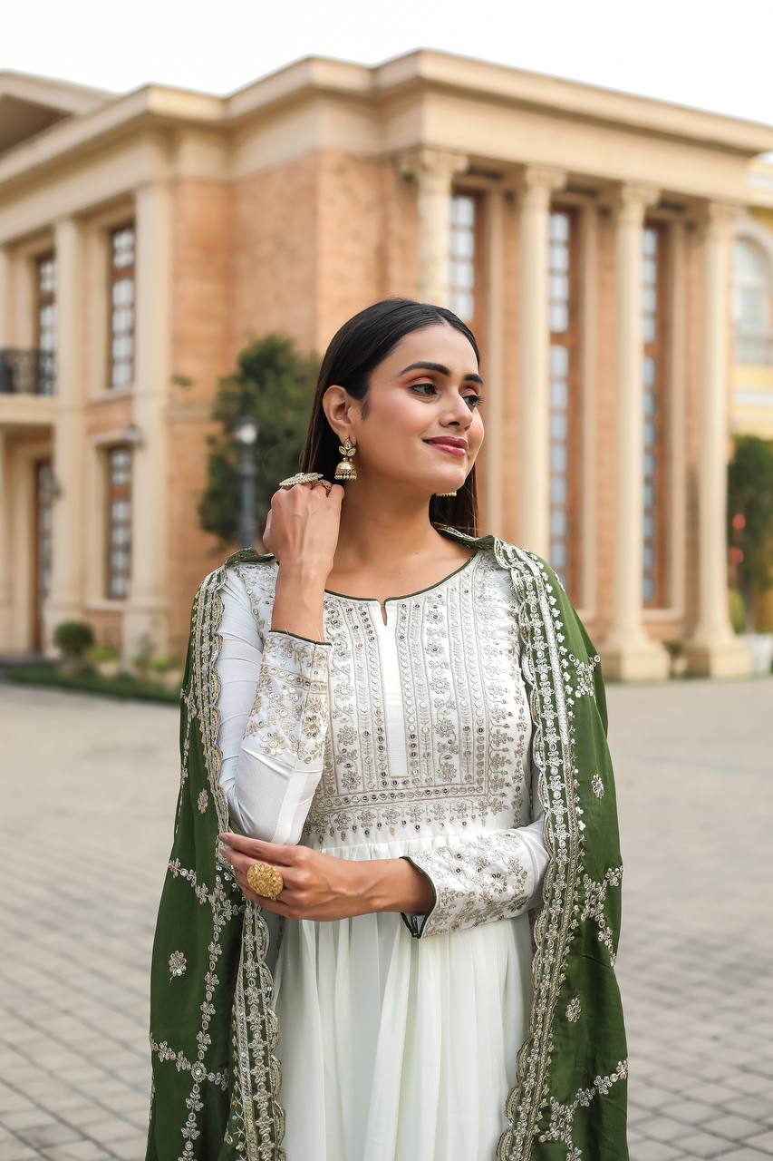 Premium Chinon Silk Anarkali Gown with Bottom & Dupatta | RoopRivaaj