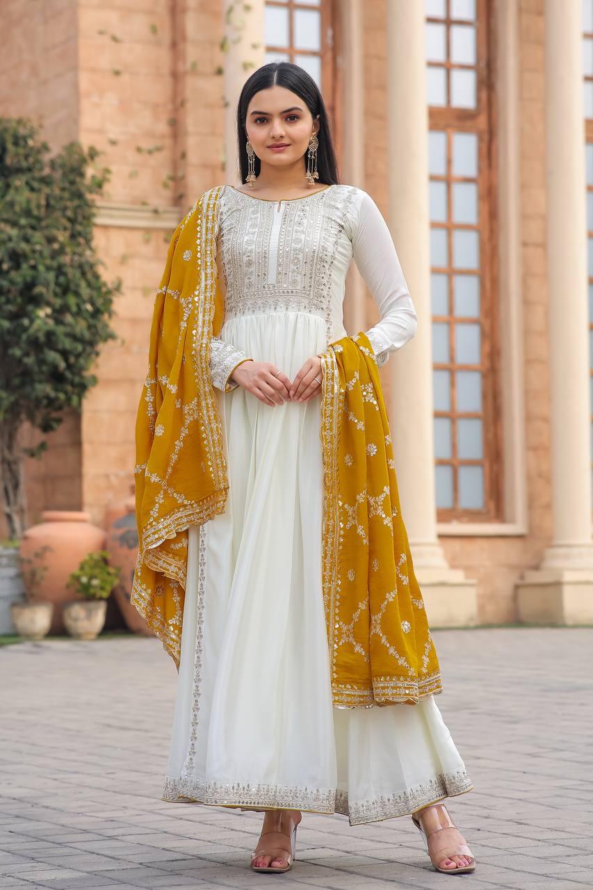 Premium Chinon Silk Anarkali Gown with Bottom & Dupatta | RoopRivaaj