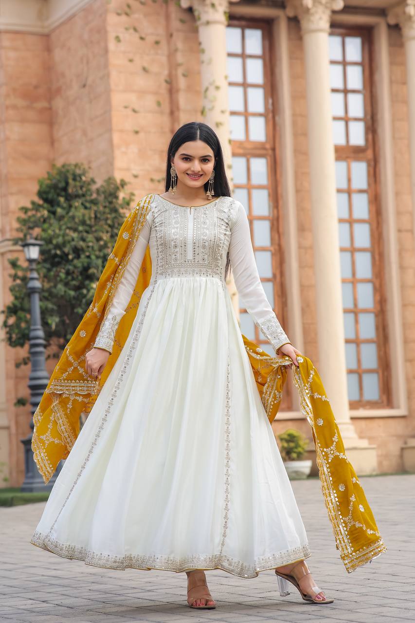 Premium Chinon Silk Anarkali Gown with Bottom & Dupatta | RoopRivaaj