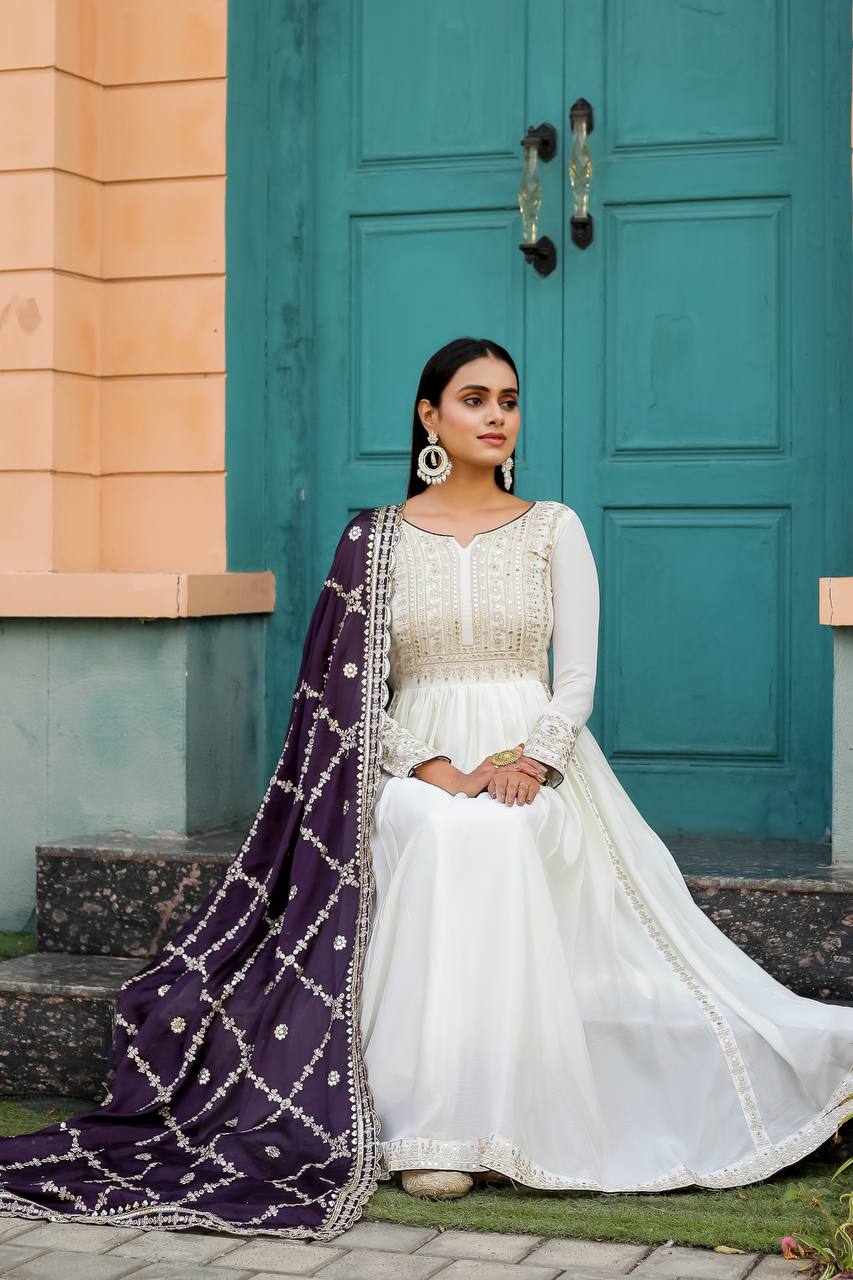 Premium Chinon Silk Anarkali Gown with Bottom & Dupatta | RoopRivaaj
