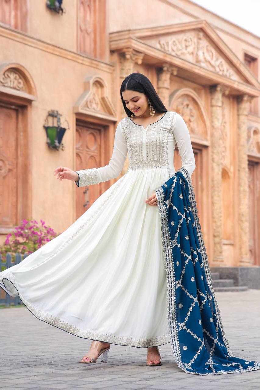 Premium Chinon Silk Anarkali Gown with Bottom & Dupatta | RoopRivaaj
