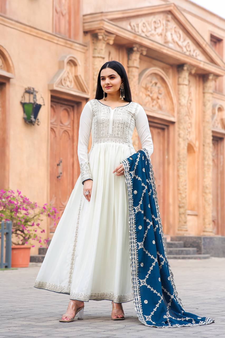 Premium Chinon Silk Anarkali Gown with Bottom & Dupatta | RoopRivaaj