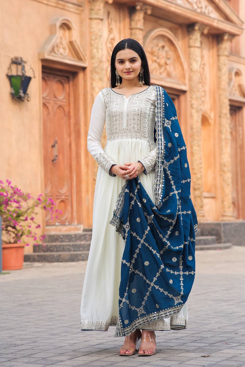 Premium Chinon Silk Anarkali Gown with Bottom & Dupatta | RoopRivaaj