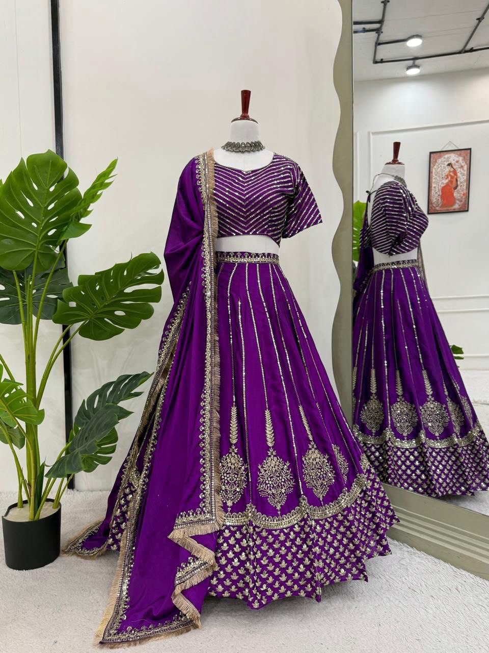 Chinon Silk Lehenga Choli Set with Sequin Work & Lace Dupatta | RoopRivaaj