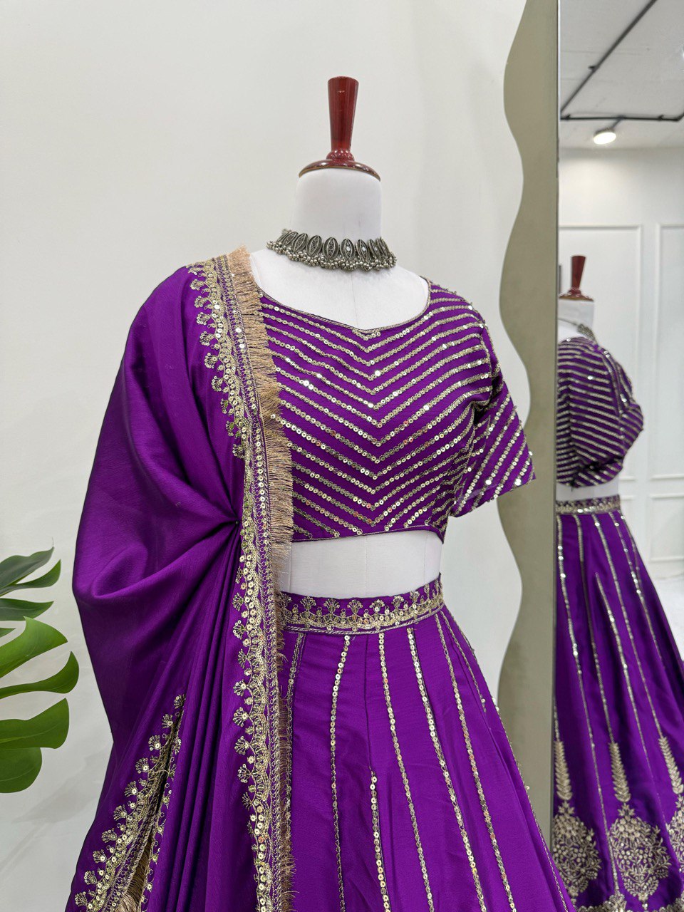 Chinon Silk Lehenga Choli Set with Sequin Work & Lace Dupatta | RoopRivaaj