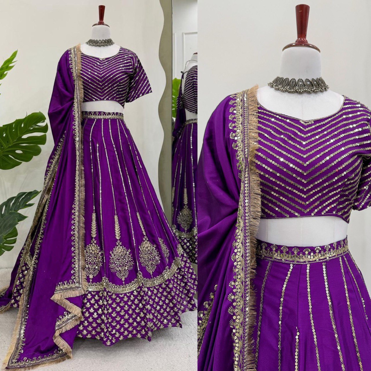 Chinon Silk Lehenga Choli Set with Sequin Work & Lace Dupatta | RoopRivaaj
