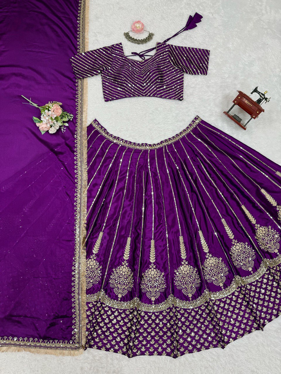 Chinon Silk Lehenga Choli Set with Sequin Work & Lace Dupatta | RoopRivaaj