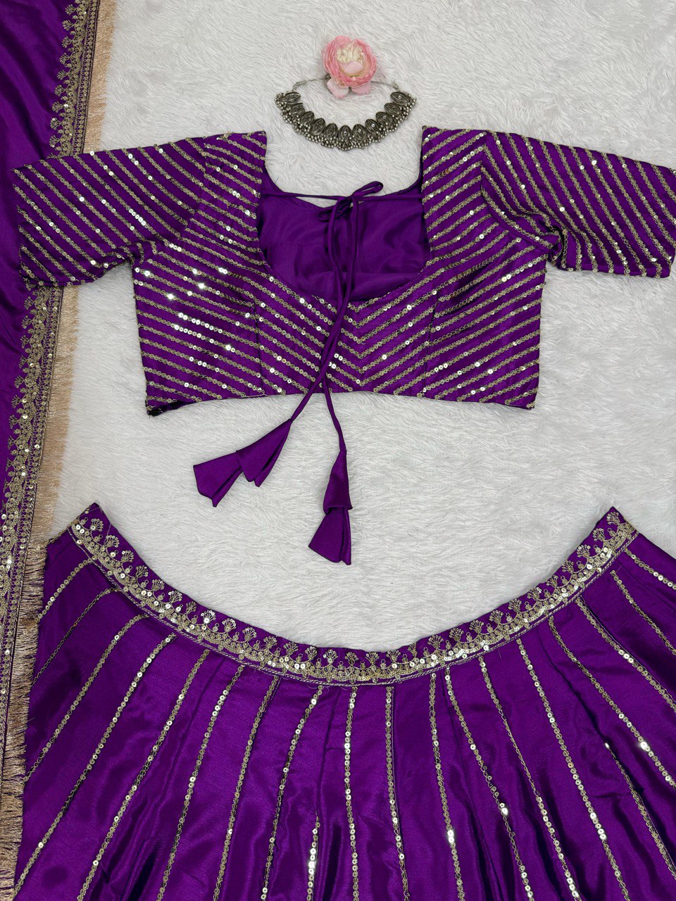 Chinon Silk Lehenga Choli Set with Sequin Work & Lace Dupatta | RoopRivaaj