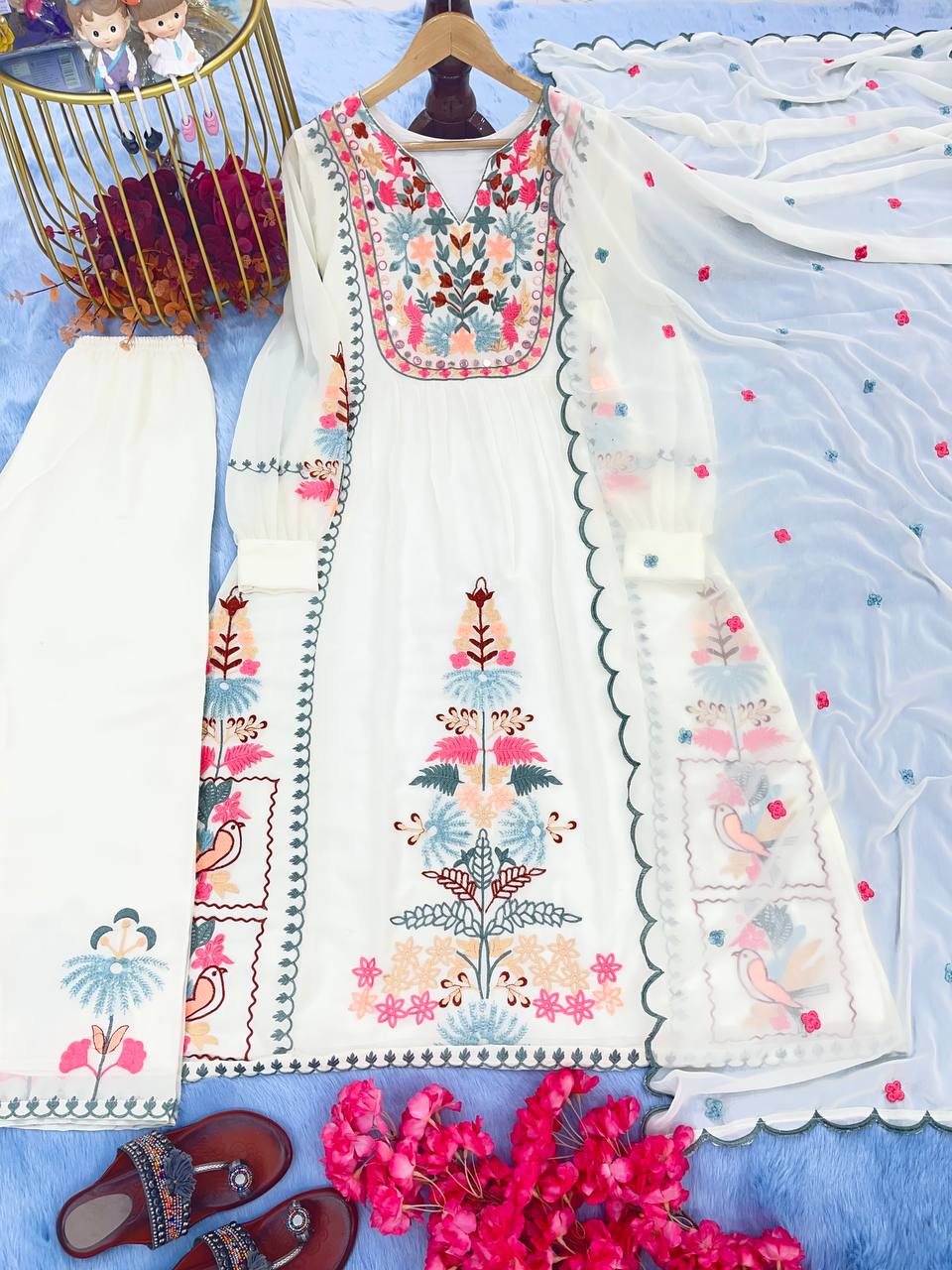 Designer Partywear Embroidered Top Plazzo Set with Cutwork Dupatta | RoopRivaaj