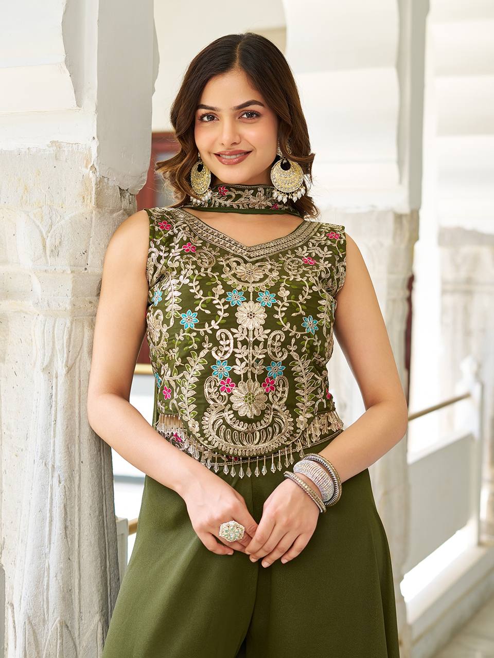 Designer Embroidered Star Georgette Palazzo Set | RoopRivaaj