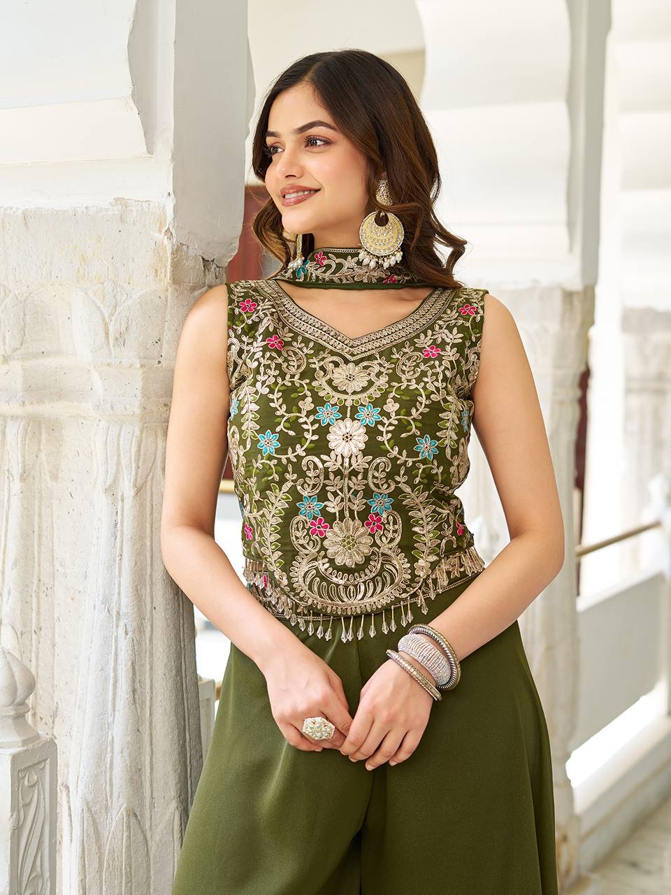 Designer Embroidered Star Georgette Palazzo Set | RoopRivaaj
