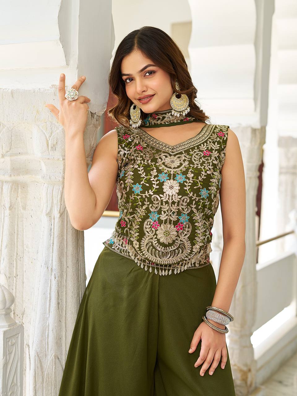 Designer Embroidered Star Georgette Palazzo Set | RoopRivaaj