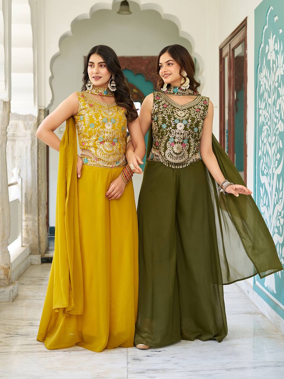 Designer Embroidered Star Georgette Palazzo Set | RoopRivaaj
