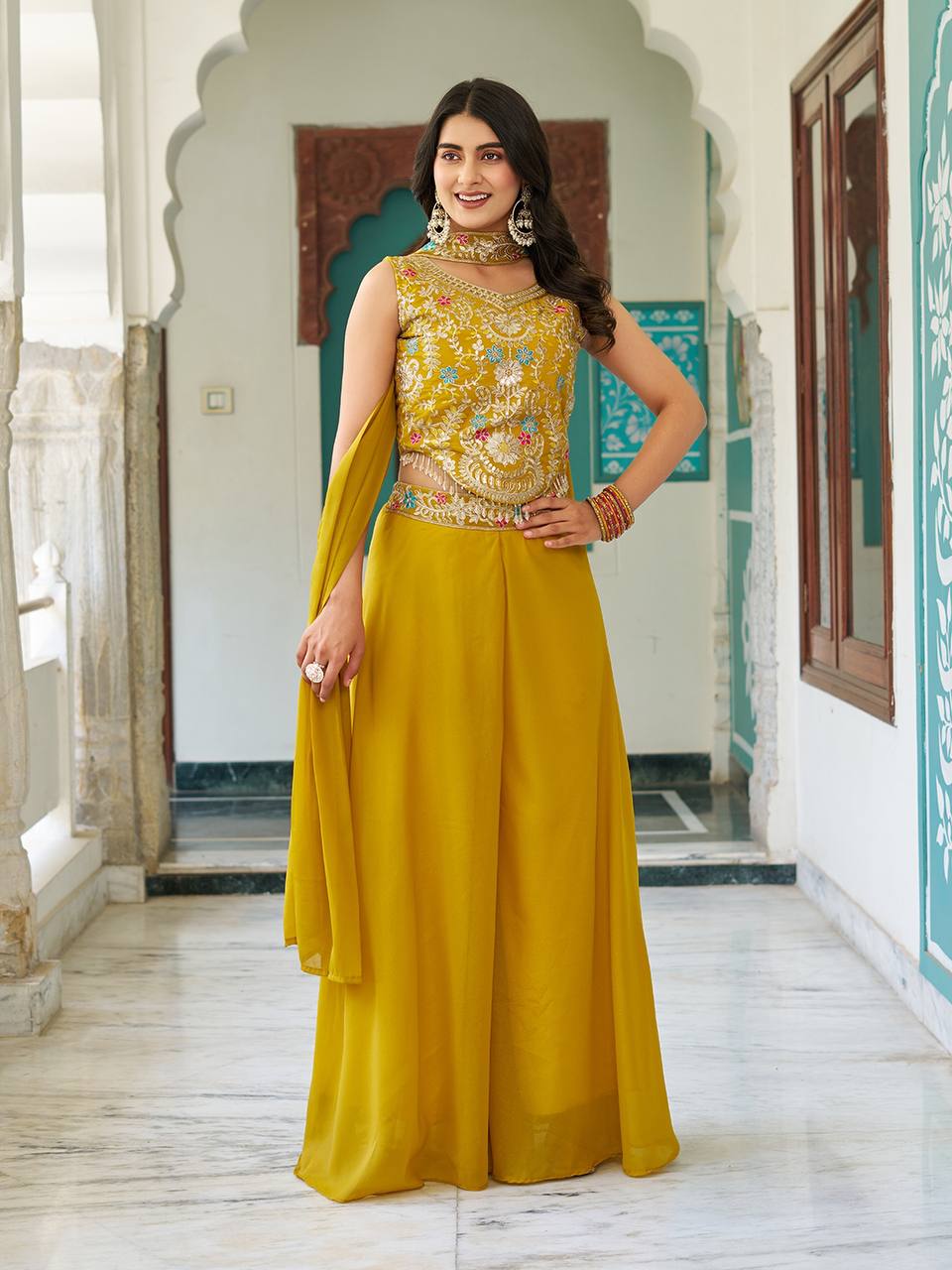 Designer Embroidered Star Georgette Palazzo Set | RoopRivaaj