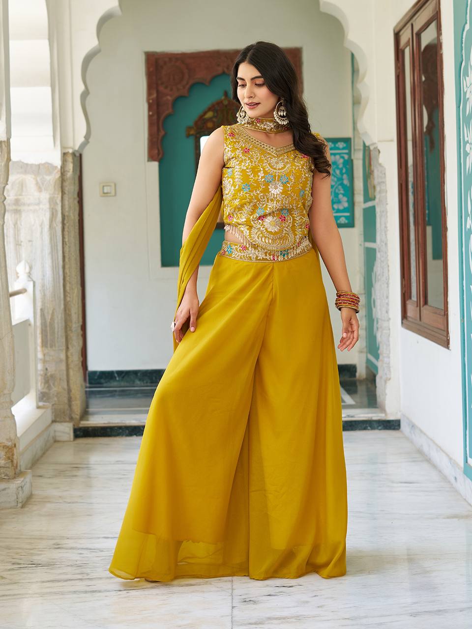 Designer Embroidered Star Georgette Palazzo Set | RoopRivaaj