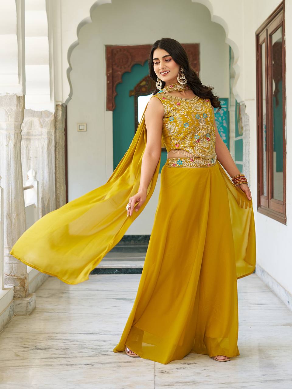 Designer Embroidered Star Georgette Palazzo Set | RoopRivaaj