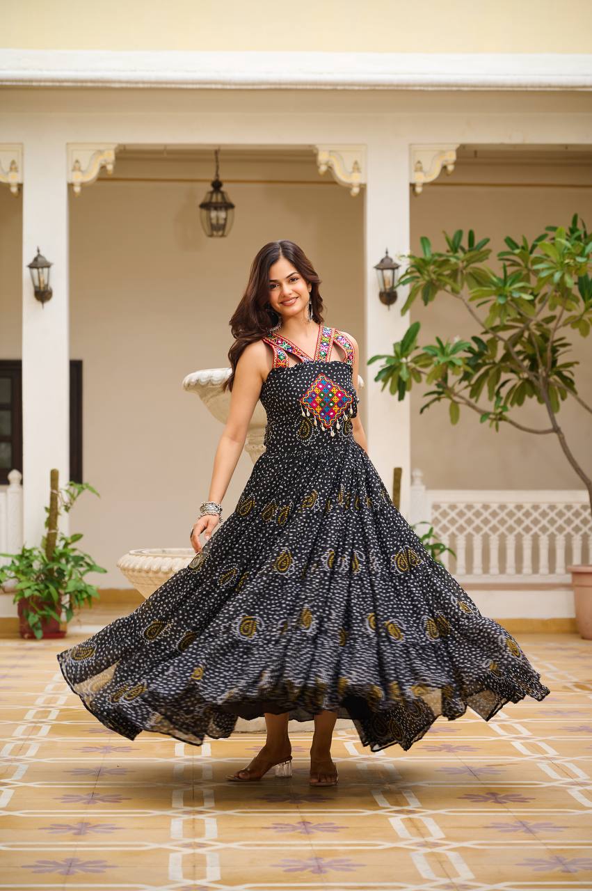 Navratri Special Gamathi Work Bandhani Gown | RoopRivaaj