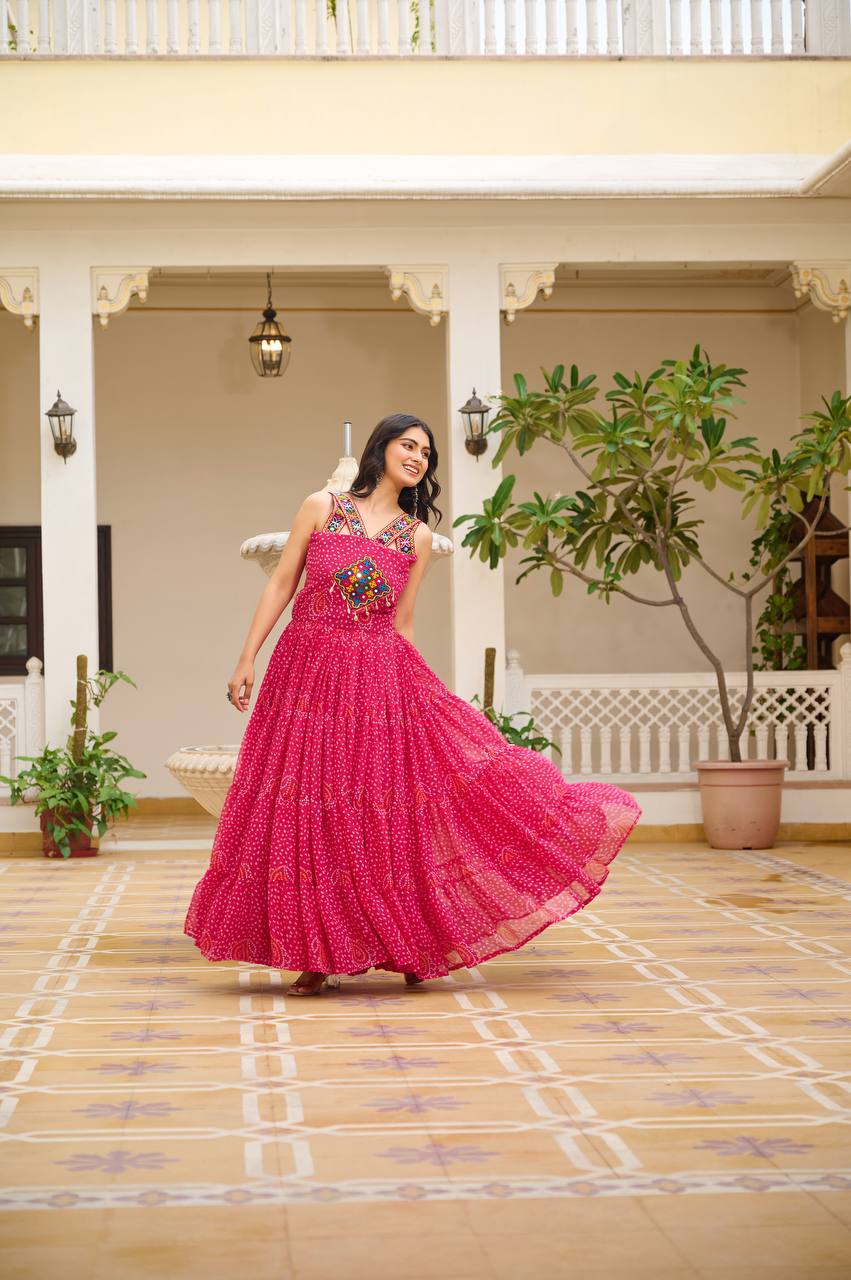 Navratri Special Gamathi Work Bandhani Gown | RoopRivaaj
