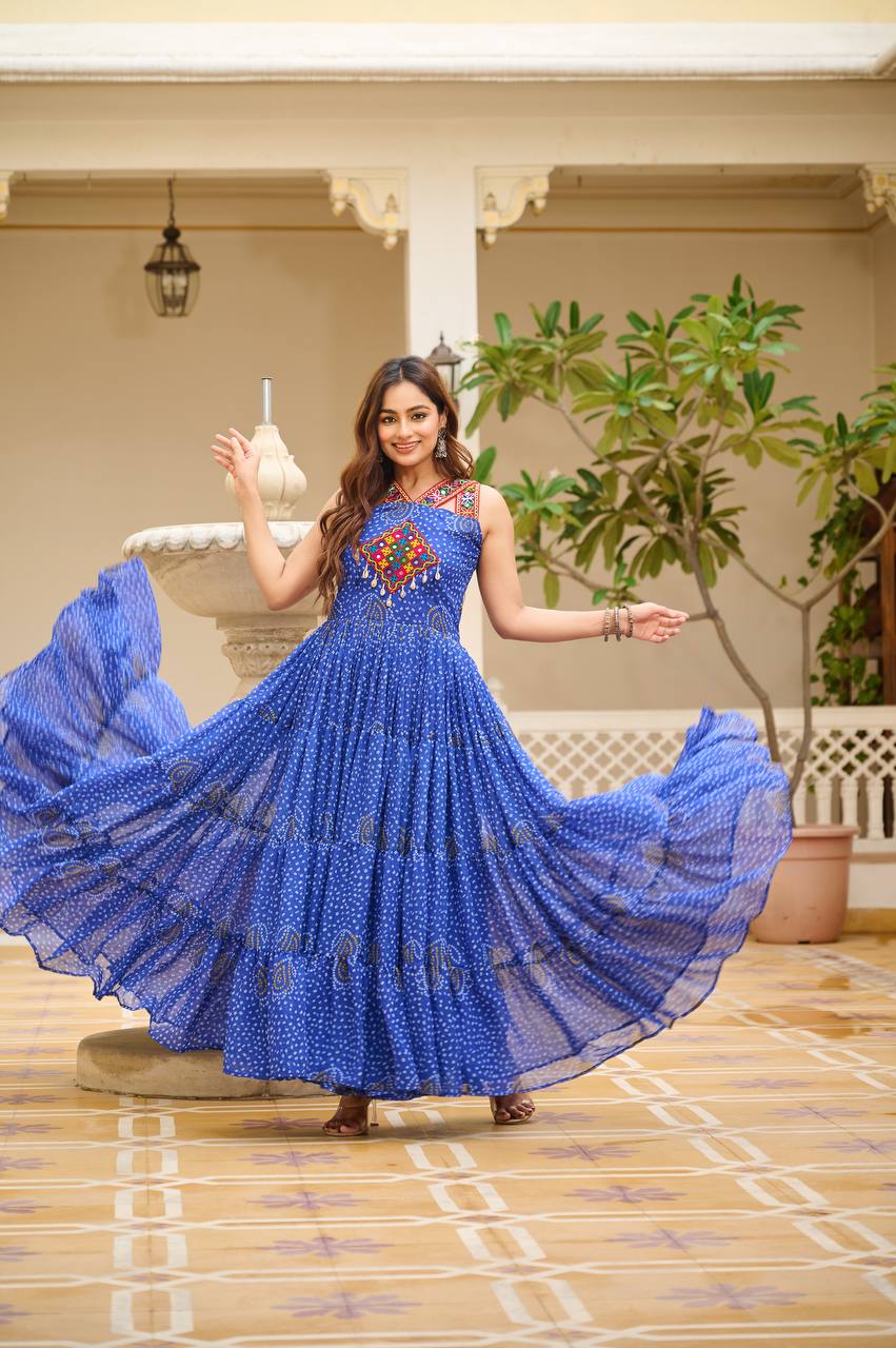 Navratri Special Gamathi Work Bandhani Gown | RoopRivaaj