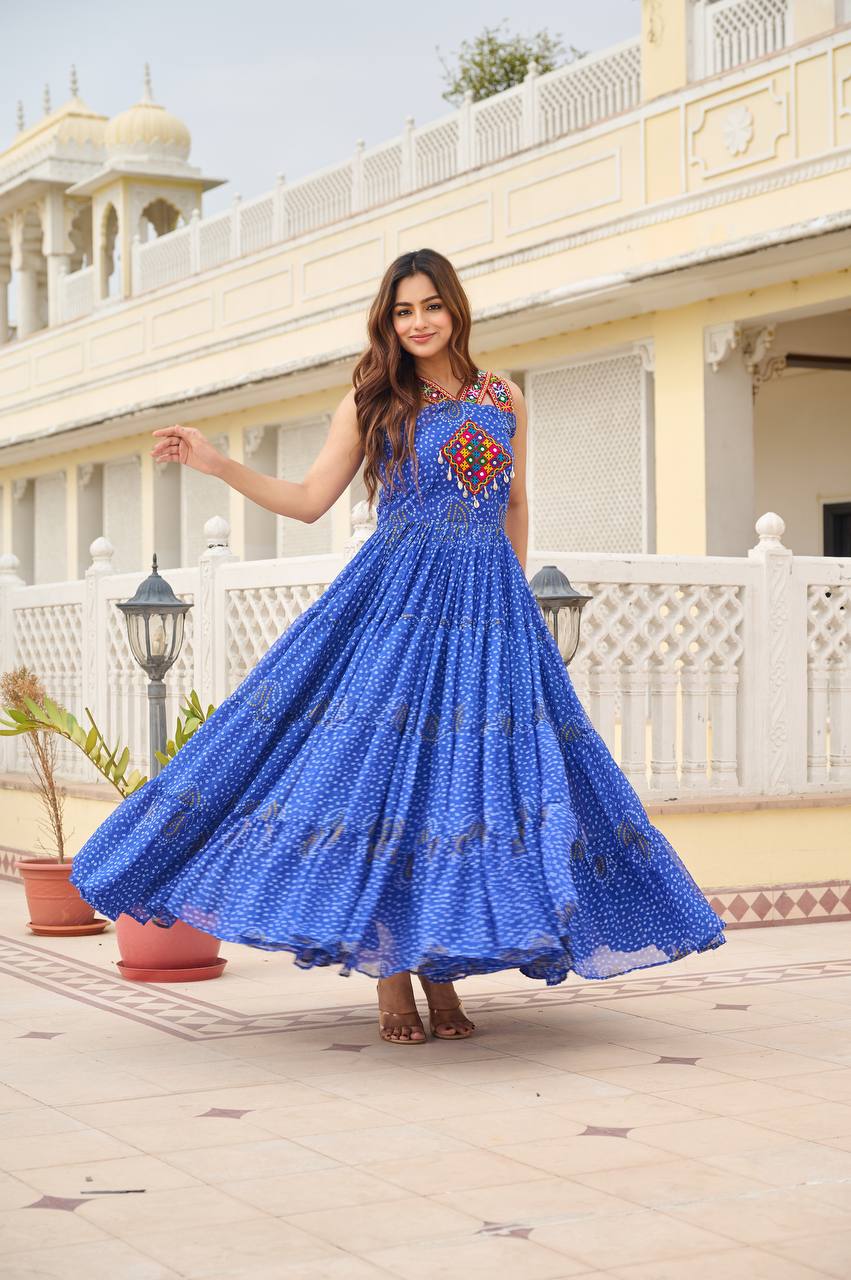 Navratri Special Gamathi Work Bandhani Gown | RoopRivaaj
